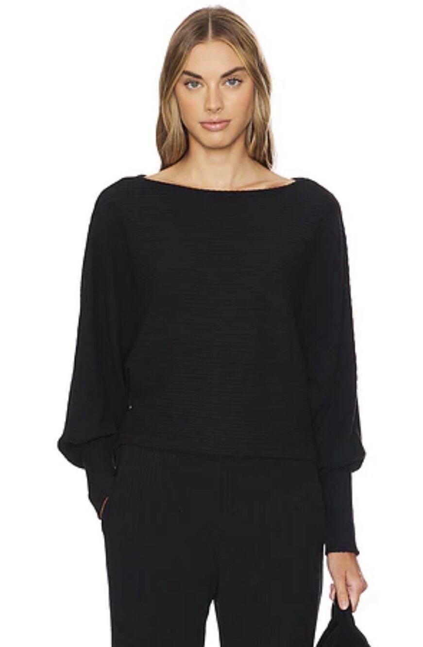 1.STATE Rib-Knit Bubble Sleeve Sweater Top Luxury Minimalist Capsule Black XL